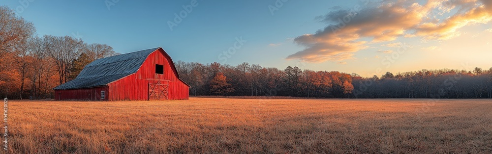 Red Barn in Serene Autumn Landscape Red Barn in Serene Autumn Landscape