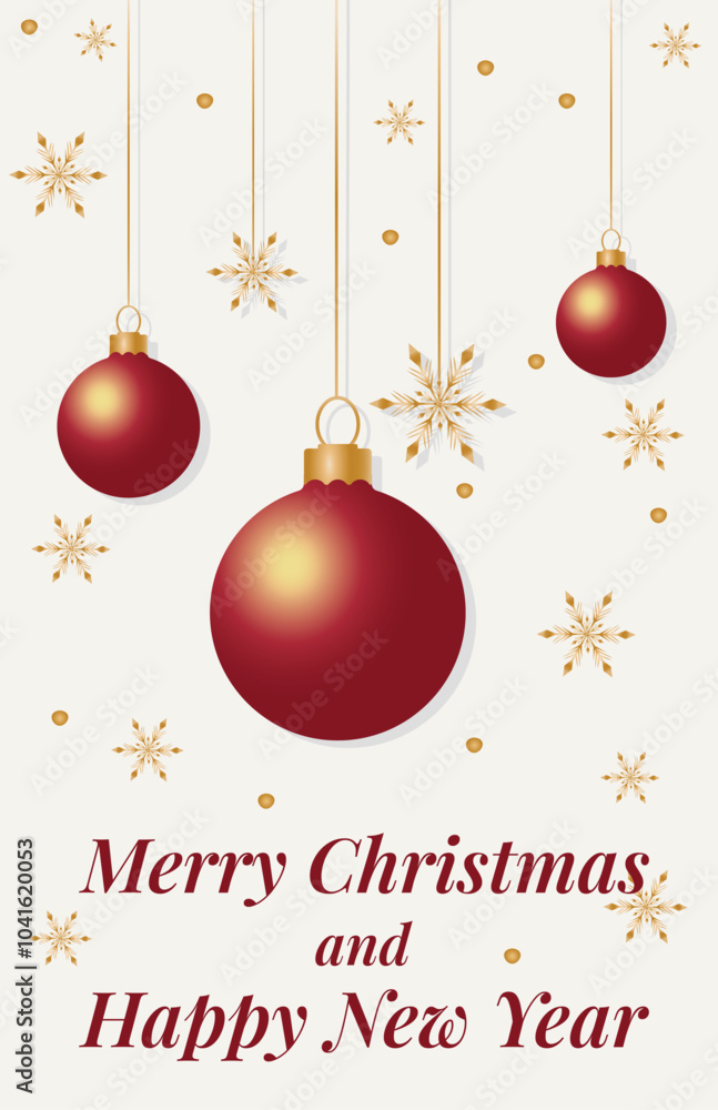 Merry Christmas and Happy New Year greeting card. Winter holiday card with snowflakes and Christmas balls Merry Christmas and Happy New Year greeting card. Winter holiday card with snowflakes and Christmas balls