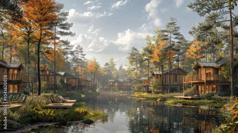Fototapeta premium Tranquil lakeside cabins surrounded by vibrant autumn foliage in a serene forest setting. Generative AI