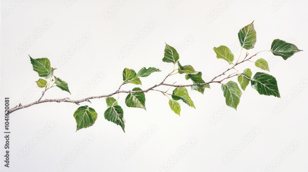 Oil painting of a green birch branch on a white background representing the birch tree commonly utilized in industries such as medicine cosmetics and food processing Oil painting of a green birch branch on a white background representing the birch tree commonly utilized in industries such as medicine cosmetics and food processing