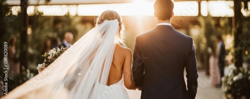 Bride s veil cascading as she walks down the aisle, groom in a sharp tailored suit, romantic and picturesque wedding moment photo