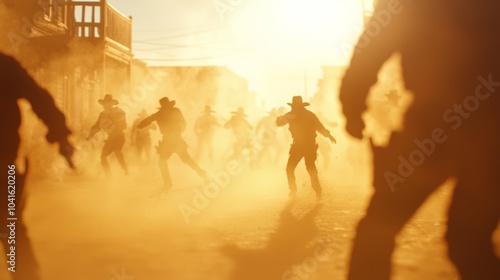 Gritty Showdown in Wild West Town: Intense Street Fight with Cowboys and Townsfolk, Cinematic Light and Dusty Atmosphere photo