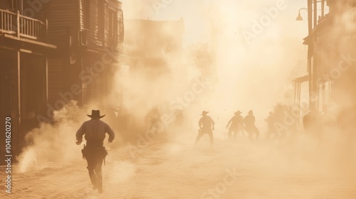 Intense Wild West Street Fight: Cowboys and Townsfolk Clash in Cinematic Dust Storm - High Resolution Western Scene photo