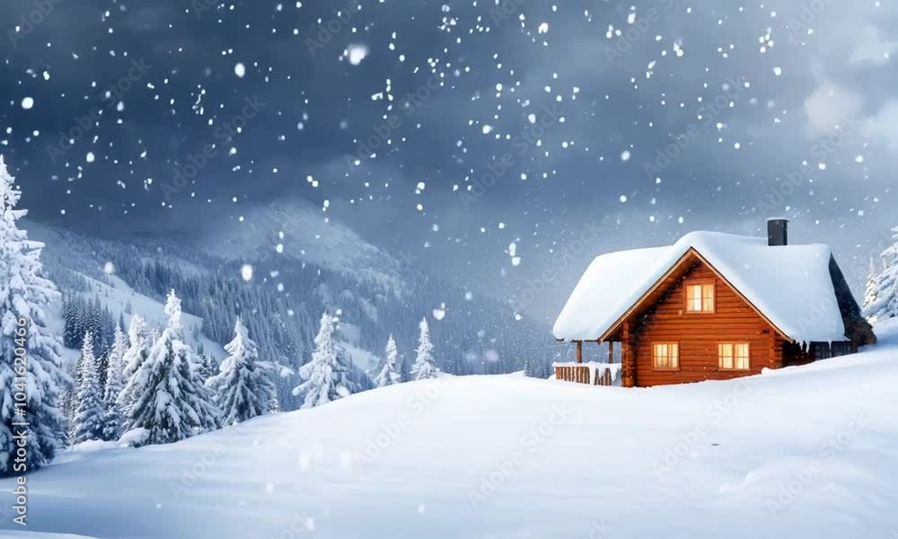 Cozy Wooden Cabin in Snowy Mountain Landscape with Pine Trees and Falling Snowflakes at Dusk Cozy Wooden Cabin in Snowy Mountain Landscape with Pine Trees and Falling Snowflakes at Dusk