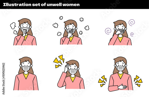 体調不良の女性のイラスト（風邪・インフルエンザ・花粉症・吐き気・頭痛・腹痛・アレルギー・喘息）