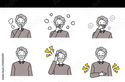 体調不良の老人男性のイラスト（風邪・インフルエンザ・花粉症・吐き気・頭痛・腹痛・アレルギー・喘息）