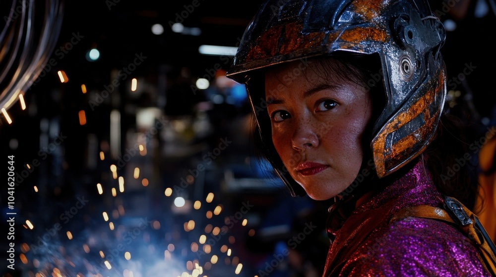 Female welder in a helmet sparks flying as she works on metal components in a workshop. Female welder in a helmet sparks flying as she works on metal components in a workshop.