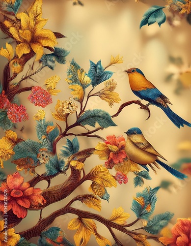 Wallpaper Mural New Vintage tree flower bird Background. Torontodigital.ca