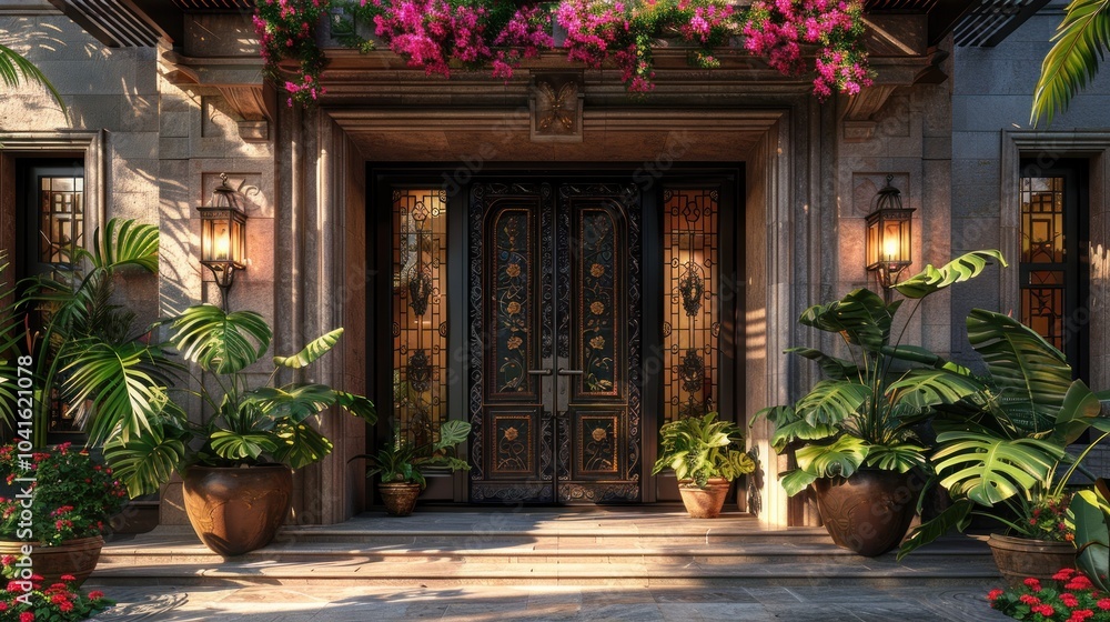 A vibrant entrance adorned with lush plants and blooming flowers in a charming garden at sunset. Generative AI A vibrant entrance adorned with lush plants and blooming flowers in a charming garden at sunset. Generative AI