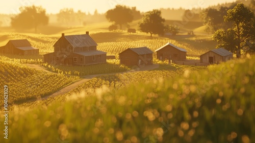 Golden Hour Glow: Enchanting Wild West Farmstead with Farmhouse, Barn and Fields under Cinematic Light