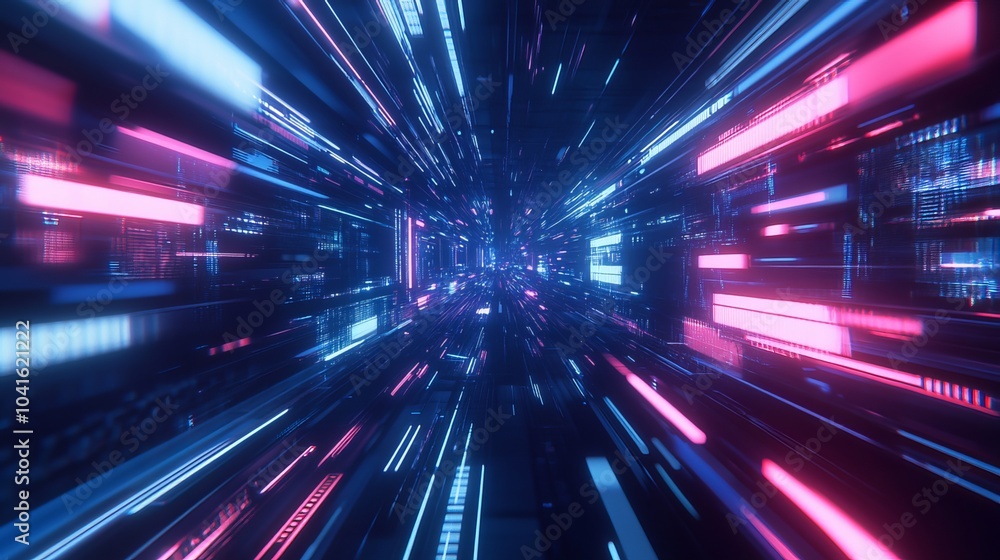 Neon-bright linear patterns streak through a dark blue backdrop, creating an illusion of rapid movement and motion blur. This futuristic illustration embodies the energy of cyberspace Neon-bright linear patterns streak through a dark blue backdrop, creating an illusion of rapid movement and motion blur. This futuristic illustration embodies the energy of cyberspace