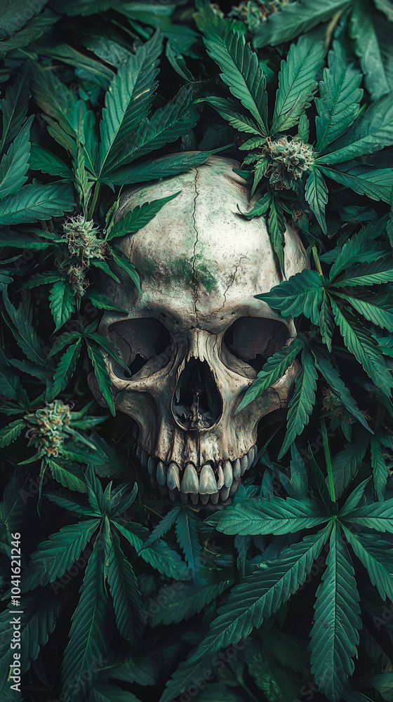 A hyper-realistic skull surrounded by lush cannabis leaves and buds, symbolizing life, death, and nature. A hyper-realistic skull surrounded by lush cannabis leaves and buds, symbolizing life, death, and nature.
