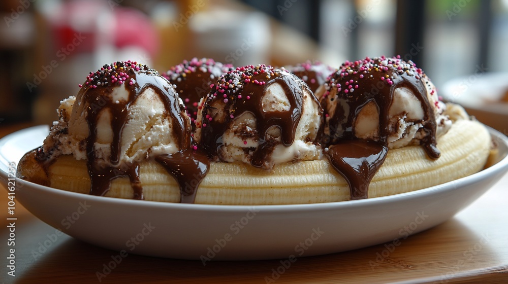 A banana split dessert with vanilla ice cream, chocolate sauce and sprinkles. A banana split dessert with vanilla ice cream, chocolate sauce and sprinkles.