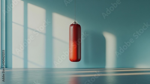 Red punching bag hangs in the center of an empty gym. Illuminated by warm sunlight streaming through a large window. The sunlight casts long shadows. Creating a serene and contemplative atmosphere