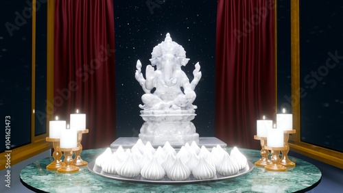 Worship the marble Ganesha with modaka or modak sweets at night.3d rendering and 3d illustration NO AI
