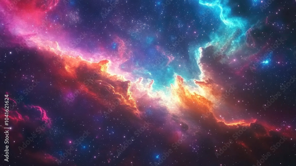 Fototapeta premium Colorful nebula surrounding a constellation in a 3D cartoon rendering of a star field in space with interstellar dust within the cosmic background