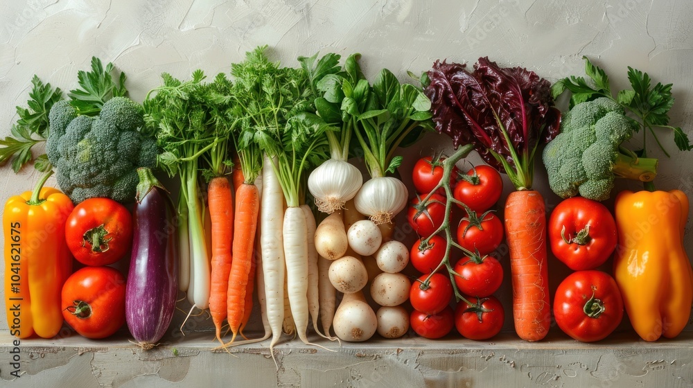 A vibrant display of colorful vegetables arranged artfully on a textured surface in natural light. Generative AI A vibrant display of colorful vegetables arranged artfully on a textured surface in natural light. Generative AI