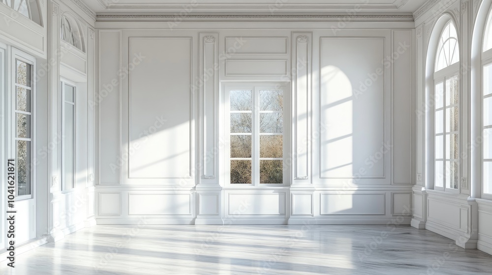 3D rendering of a minimalistic modern luxury home featuring marble trim white plaster walls parquet flooring and decorative lighting all set on a sunny day 3D rendering of a minimalistic modern luxury home featuring marble trim white plaster walls parquet flooring and decorative lighting all set on a sunny day