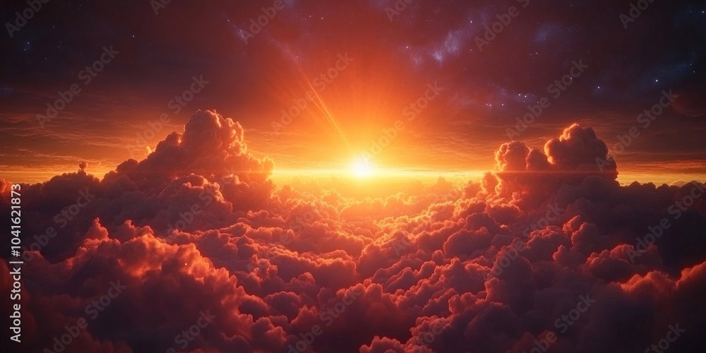 Fototapeta premium Dramatic clouds illuminated by the setting sun create a striking contrast in the sky, Dramatic clouds lit by sunset create strong contrast in the sky