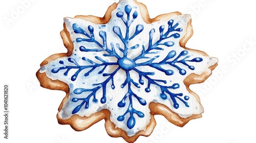 Vanilla Cookie in Snowflake Shape Topped with Blue and White Icing Isolated on a White Background Hand Drawn Watercolor Illustration of a Baked Treat Suitable for Wallpaper Banner Textile or Postc photo