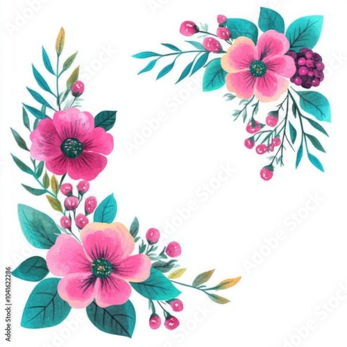 floral corner decoration, bright pink and aqua green flowers, clipart style, isolated on white background, small floral arrangement, bold and bright colors