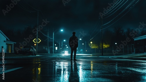 A man is standing on a street in the rain. The street is wet and the man is wearing a black jacket