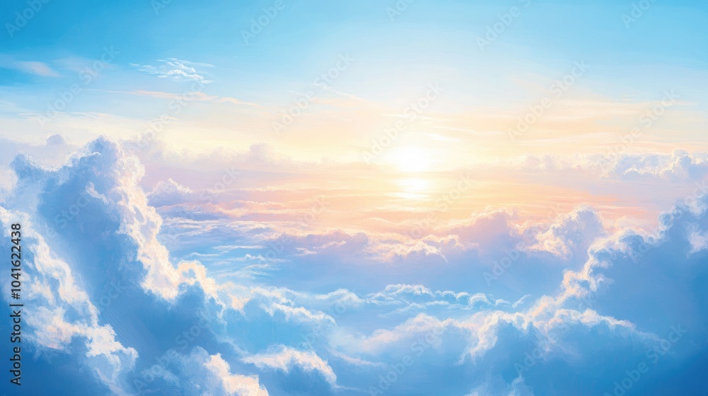 Oil painting depicting a stunning panoramic view of a beautiful sky above the clouds seen from an airplane Oil painting depicting a stunning panoramic view of a beautiful sky above the clouds seen from an airplane