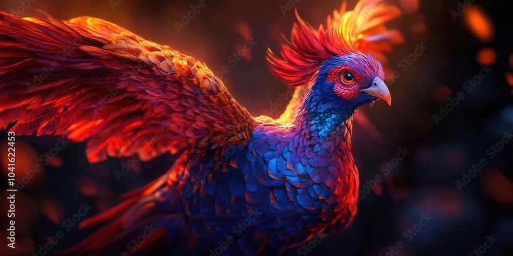 Fototapeta premium Close-up of a wild pheasant displaying vibrant red, blue, and orange feathers in a stunning natural environment, Vibrant pheasant feathers in natural setting