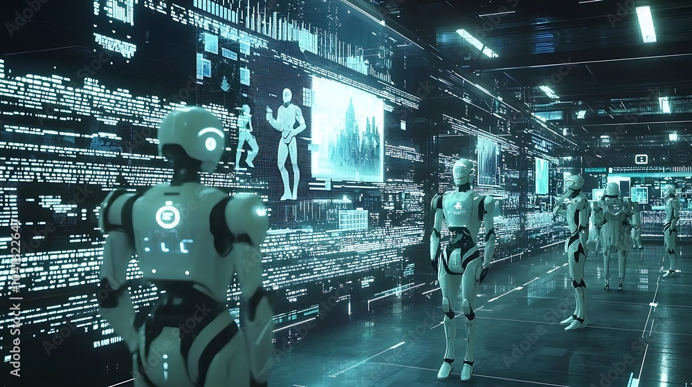 Exploring the future a futuristic trading floor with robots and holographic interfaces revolutionizing commerce dynamics Exploring the future a futuristic trading floor with robots and holographic interfaces revolutionizing commerce dynamics