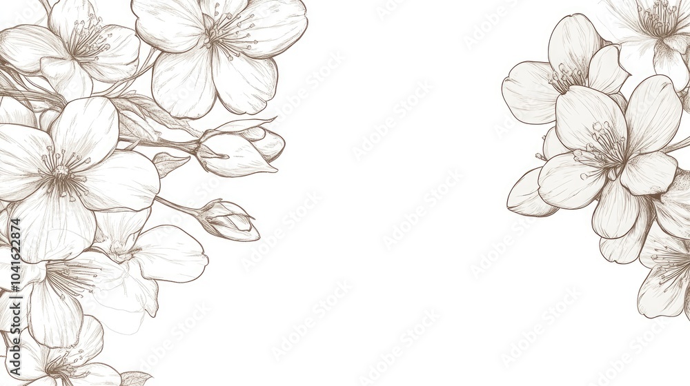 Line art illustration featuring a spring cherry blossom frame design Line art illustration featuring a spring cherry blossom frame design