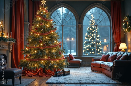 Boho, Christmas home interior with fireplace, gifts and magic glowing Christmas tree photo