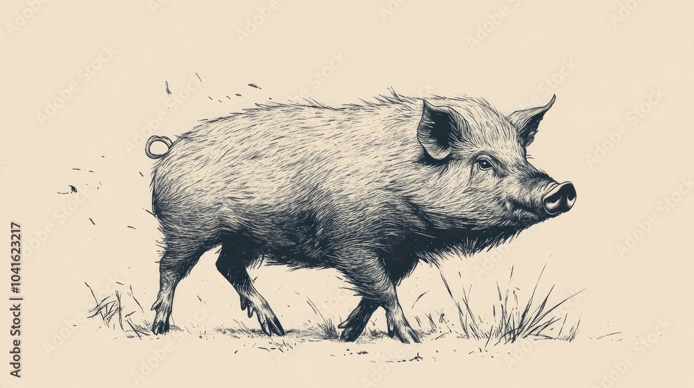 Line art illustration of a wild hog featuring a vintage artistic style Line art illustration of a wild hog featuring a vintage artistic style
