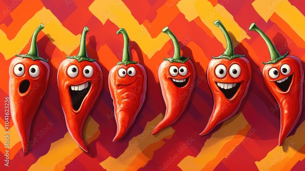 Fototapeta premium Whimsical line art illustration of small red peppers featuring playful faces and wobbly eyes against a vibrant zigzag background in shades of fire red and orange