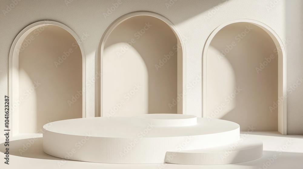 Abstract podium featuring minimal geometric shapes design 3D rendering scene for mock up and product showcase Platform for cosmetics promotion with various simple arch shapes Abstract podium featuring minimal geometric shapes design 3D rendering scene for mock up and product showcase Platform for cosmetics promotion with various simple arch shapes