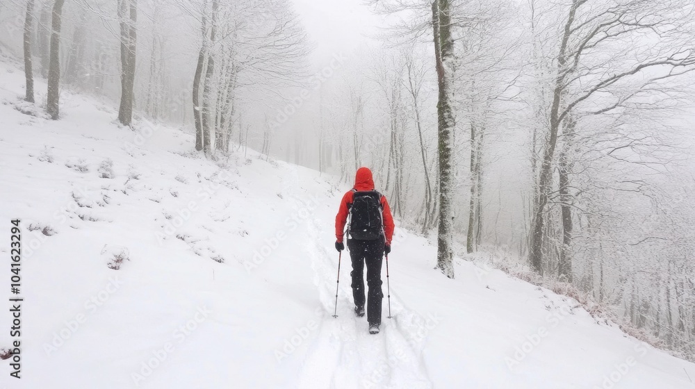 A lone hiker in a red jacket walks through a snow-covered forest on a misty winter day, leaving footprints behind. A lone hiker in a red jacket walks through a snow-covered forest on a misty winter day, leaving footprints behind.