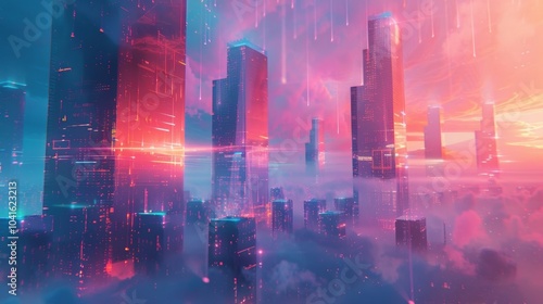 A futuristic cityscape of shimmering towers and floating platforms fueled by energy from exotic particles hints at an alternate reality.