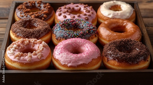 Wallpaper Mural Nine assorted donuts arranged in a wooden box on a rustic wooden table. Torontodigital.ca