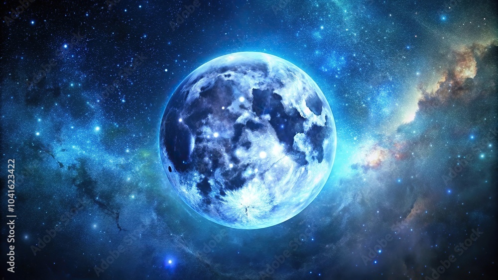 Fototapeta premium Blue moon surrounded by colorful nebula and stars in wide-angle shot