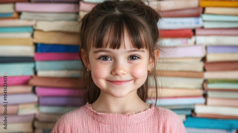 A cheerful young girl smiles brightly, standing in front of a colorful stack of books, radiating warmth and innocence. A cheerful young girl smiles brightly, standing in front of a colorful stack of books, radiating warmth and innocence.
