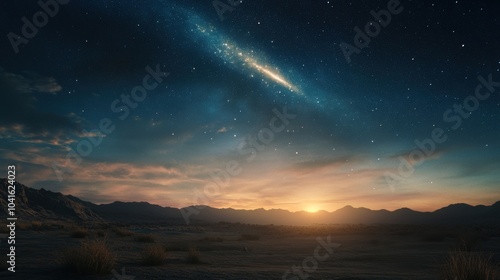 A stunning view of the Milky Way galaxy stretching across the night sky over a serene desert landscape during sunset.