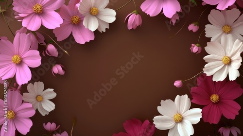 Beautiful autumnal flower composition featuring pink and white cosmos on a brown background presented in a 3D cartoon rendering Flat lay top view with ample copy space
