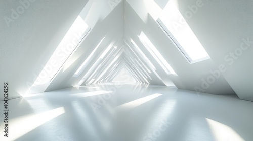 Bright abstract space featuring white geometric shapes that form a 3D rendered background