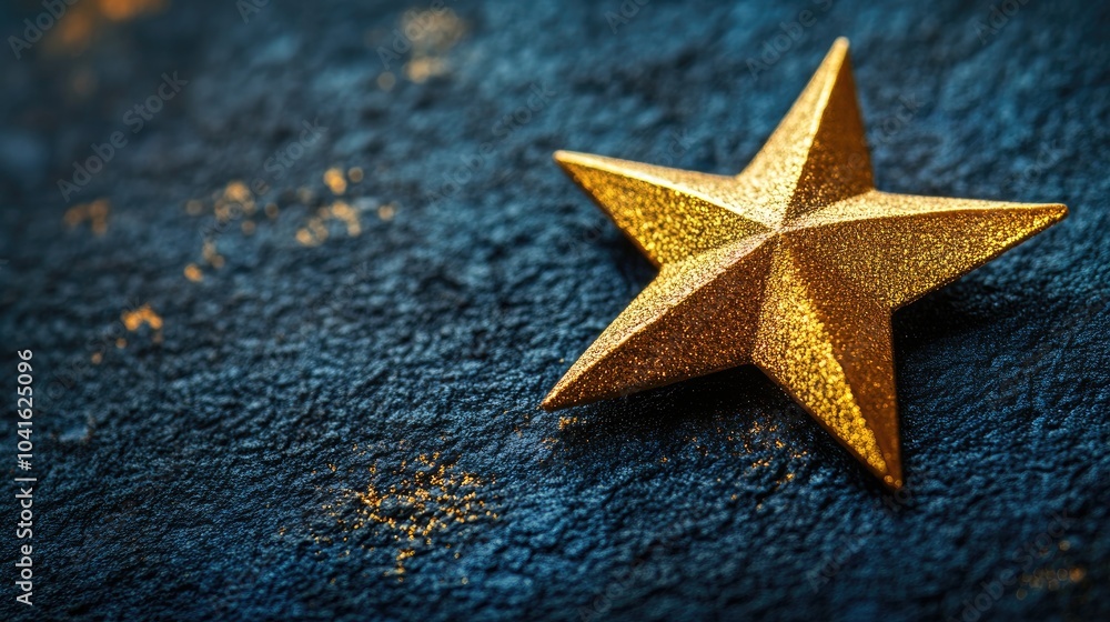Golden glitter star on a dark blue surface. A festive and decorative image, perfect for Christmas or New Year's greetings, or for representing success and achievement. Golden glitter star on a dark blue surface. A festive and decorative image, perfect for Christmas or New Year's greetings, or for representing success and achievement.
