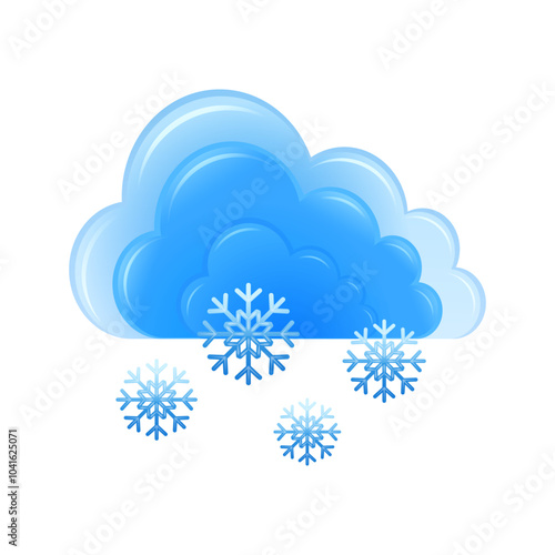 Cumulonimbus clouds or snow clouds with snowflake, cartoon icon for snow weather and seasons, on white background. Vector emoji icon.