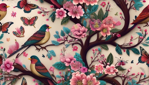 Wallpaper Mural New Vintage tree flower bird Background. Torontodigital.ca