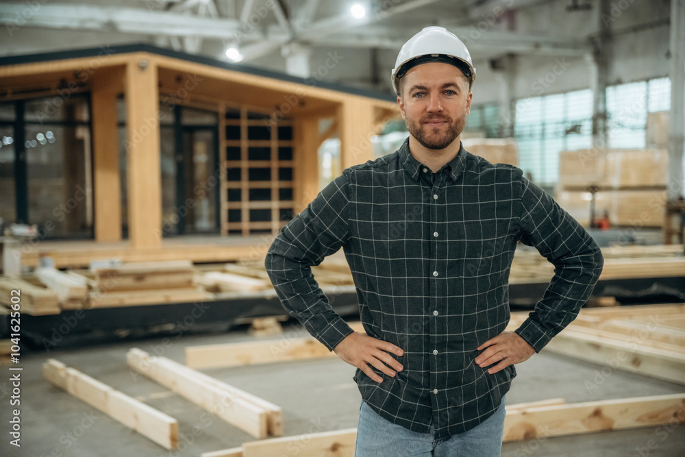 In white helmet. Male builder is at construction of wooden house In white helmet. Male builder is at construction of wooden house