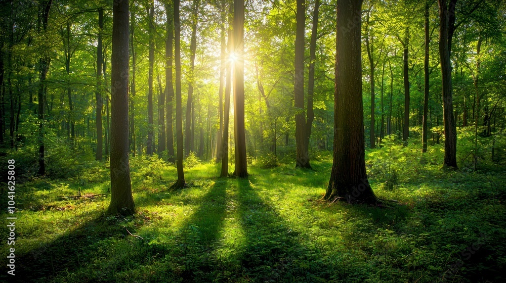 Beautiful green forest with tall trees and sunlight filtering through Beautiful green forest with tall trees and sunlight filtering through