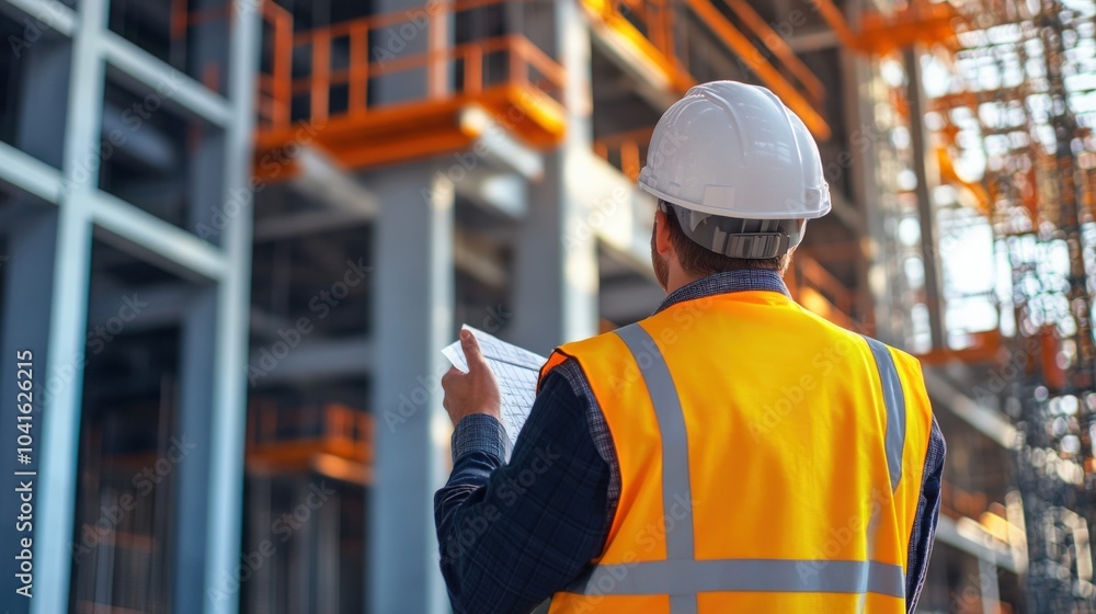 Man in a reflective vest, checking the alignment of large steel beams on a construction site. Man in a reflective vest, checking the alignment of large steel beams on a construction site.