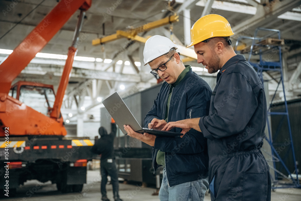 Reading information from laptop. Two male factory workers are in the warehouse Reading information from laptop. Two male factory workers are in the warehouse