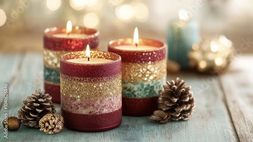 Three festive candles with glittery decorations burning on a wooden table, surrounded by pine cones, creating a cozy holiday ambiance.